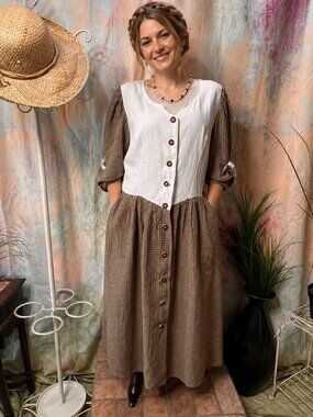 VTG📌Knopp Traditional Bavarian Linen Button Down Dress w/ Deer Horn Button